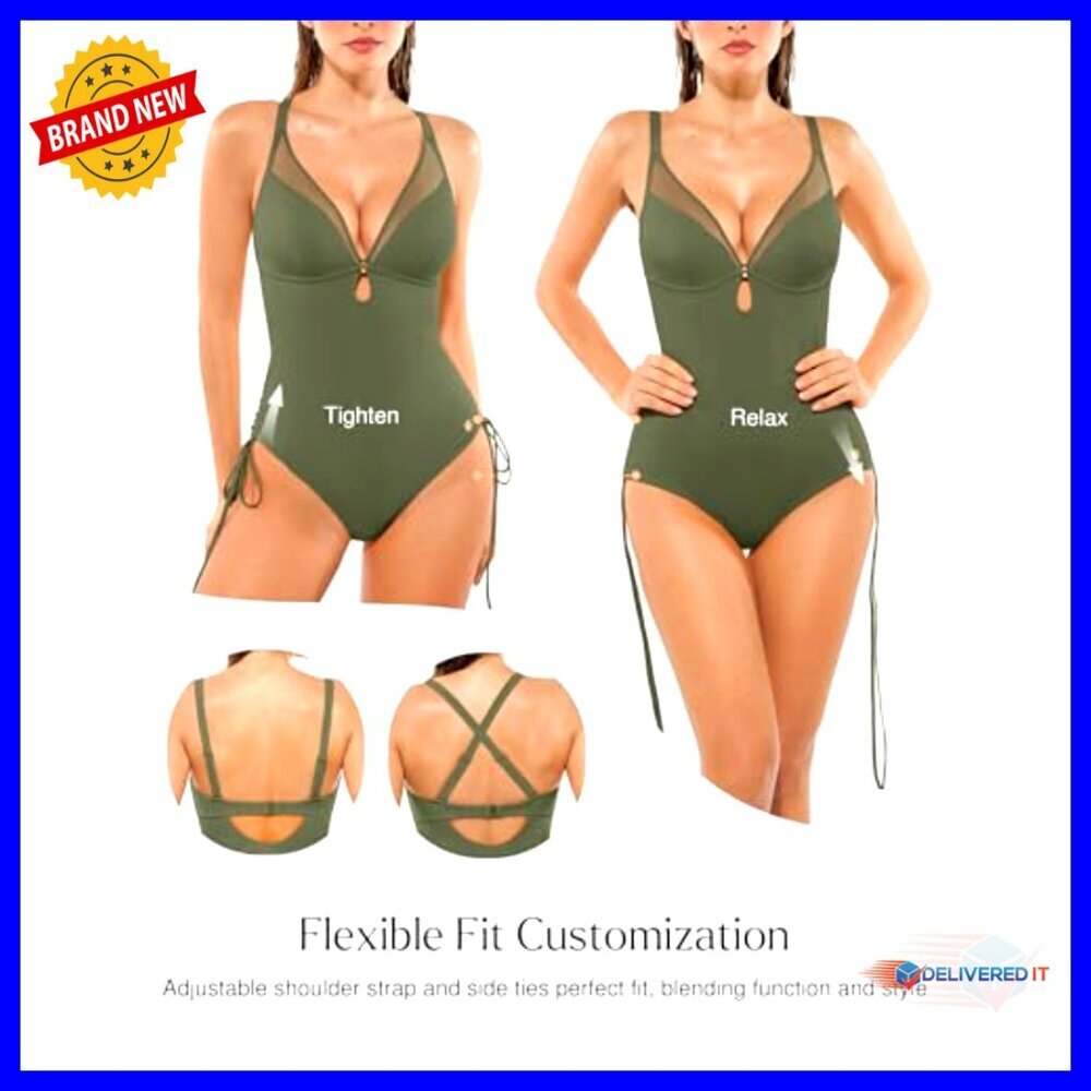 Tummy Control One Piece Swimsuit with Shapewear Mesh Cutouts Adjustable Straps - Picture 4 of 7